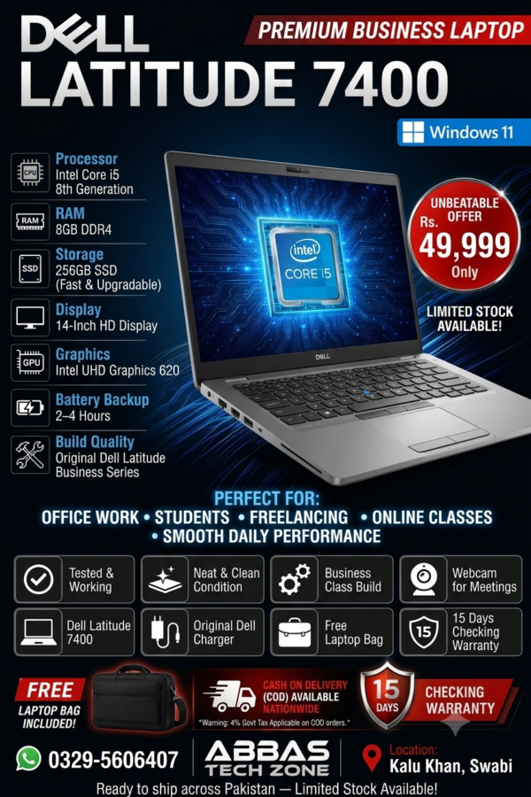 Dell Latitude 7400 Core i5 8th Gen Laptop | 8GB DDR4 RAM 256GB SSD | Original Charger + Free Bag
